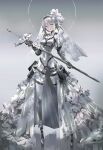  1girl bangs bodysuit breast_strap breasts covered_navel flower full_body grey_bodysuit grey_eyes grey_flower grey_theme hair_flower hair_ornament head_tilt highres holding holding_sword holding_weapon looking_to_the_side medium_breasts original short_hair silver_hair silver_skirt solo standing swav sword veil weapon 