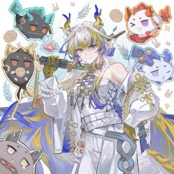  1girl absurdres annotation_request arknights bare_shoulders beads belt blonde_hair blue_eyes character_request chili_pepper chinese_commentary chong_yue_(arknights) closed_mouth collarbone colored_extremities commentary_request cowboy_shot dragon_bubble_(arknights) dragon_girl dragon_horns dragon_tail dusk_(arknights) earrings eyeliner flower food gourd hair_between_eyes hair_intakes halftone halftone_background halftone_texture hand_on_own_hip hand_up highres holding holding_sword holding_weapon horns jacket jewelry ling_(arknights) long_sleeves looking_at_viewer makeup mouth_hold multicolored_hair necklace nian_(arknights) off_shoulder pants partially_annotated pink_flower pointy_ears purple_hair red_eyeliner shanchuxunhuan shu_(arknights) smile solo standing strapless sword tail tassel tube_top weapon white_background white_belt white_hair white_jacket white_pants white_tube_top 