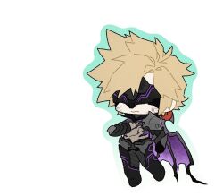  1boy aqua_border armor black_armor black_mask blonde_hair bodystocking border chibi cloud_strife cloud_strife_(bahamut_garb) covered_eyes dragon_wings eye_mask facial_mark final_fantasy final_fantasy_vii final_fantasy_vii_ever_crisis linerhan male_focus official_alternate_costume short_hair shoulder_armor single_wing solo spiky_hair sweatdrop wavy_mouth white_background wings 