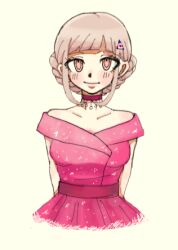  1girl alternate_hair_ornament bare_shoulders blush brown_hair choker cropped_torso danganronpa_(series) danganronpa_2:_goodbye_despair dress lowres nanami_chiaki official_alternate_costume pink_choker pink_dress rari_wo smile solo 