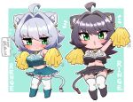  2girls ahoge animal_ear_fluff animal_ears aqua_background arm_up bangs bell black_hair black_panties blush breasts cat_ears cat_girl cat_tail character_name cheerleader chibi clothes_writing commentary_request ear_piercing embarrassed eyebrows_visible_through_hair frilled_skirt frills green_eyes grey_hair hair_between_eyes highres jingle_bell large_breasts long_hair looking_at_viewer midriff mole mole_under_eye mole_under_mouth multiple_girls navel neck_bell ngetyan no_bra open_mouth original outline panties pantyshot piercing pom_poms red_ribbon renge_(ngetyan) ribbon ringe_(ngetyan) short_hair siblings simple_background sisters skirt sweatdrop tail tail_ornament tail_ribbon tank_top thigh-highs translated underwear wavy_mouth white_legwear white_outline 