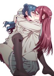  2girls absurdres blue_hair blush breasts closed_eyes ecoman highres kiss love_live! love_live!_sunshine!! multiple_girls redhead sakurauchi_riko school_uniform skirt thigh-highs tsushima_yoshiko yuri 