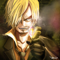  1boy black_gloves black_necktie blonde_hair cigarette commentary_request curly_eyebrows english_commentary facial_hair formal gloves goatee hair_over_one_eye highres holding holding_lighter kirin_13 lighter long_sleeves looking_at_viewer male_focus mixed-language_commentary mouth_hold mustache_stubble necktie one_eye_covered one_piece open_mouth sanji_(one_piece) short_hair signature smile solo stubble suit teeth 