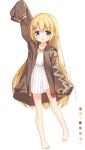 1girl arm_up bangs barefoot blonde_hair blue_eyes brown_jacket color_guide commentary_request dress eyebrows_visible_through_hair flower_girl_(yuuhagi_(amaretto-no-natsu)) full_body hair_between_eyes hair_ornament hairclip hood hood_down hooded_jacket jacket long_hair long_sleeves o-ring o-ring_dress open_clothes open_jacket original puffy_long_sleeves puffy_sleeves simple_background sleeves_past_wrists solo standing standing_on_one_leg very_long_hair white_background white_dress x_hair_ornament yuuhagi_(amaretto-no-natsu) 