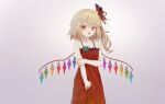  1girl :d alternate_costume bare_shoulders blonde_hair bow crystal dress fang flandre_scarlet hair_ornament hair_ribbon highres medium_hair no_hat no_headwear one_side_up open_mouth rainbow_order red_bow red_dress red_eyes red_ribbon reddizen ribbon side_ponytail smile touhou wings 