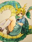  1girl blonde_hair blue_shirt closed_mouth curled_tail dragon_girl dragon_horns dragon_tail green_skirt horns key747h kicchou_yachie kneehighs knees_up light_smile looking_at_viewer photo_(medium) red_eyes shirt short_hair short_sleeves skirt solo square_neckline tail touhou traditional_media turtle_shell watercolor_(medium) white_legwear 