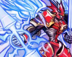  armor dakusuta digimon digimon_(creature) dukemon_crimson_mode feathered_wings highres holding holding_sword holding_weapon knight looking_at_viewer red_armor solo sword upper_body weapon white_wings wings 