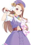  1girl bare_shoulders beret brown_hair center_frills closed_mouth clothing_cutout commentary_request dress forehead frills full_body hand_up hat idolmaster idolmaster_(classic) idolmaster_2 looking_at_viewer minase_iori miri_(ago550421) object_hug puffy_short_sleeves puffy_sleeves purple_dress purple_headwear red_eyes shirt short_sleeves shoulder_cutout simple_background smile solo stuffed_animal stuffed_bunny stuffed_toy white_background white_shirt wrist_cuffs 