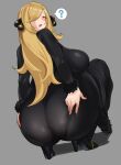  1girl ? ass back black_eyes black_footwear blush breasts chamchami cynthia_(pokemon) fur_trim hair_ornament hair_over_one_eye high_heels large_breasts long_hair open_mouth pantylines pokemon pokemon_(game) pokemon_bw solo spoken_question_mark squatting tongue tongue_out 