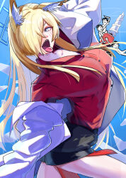  1girl 3boys ;p ^_^ alternate_costume animal_ear_fluff animal_ears arched_back arm_up black_shorts blonde_hair blue_archive blue_background blue_eyes blue_halo breasts buttons c: closed_eyes coat collarbone collared_shirt commentary commentary_request cosplay dog_ears dog_girl doodle_sensei_(blue_archive) hair_over_one_eye hair_over_shoulder halo highres kanna_(blue_archive) kasumi_(blue_archive) kasumi_(blue_archive)_(cosplay) lab_coat large_breasts long_shirt long_sleeves long_tail looking_at_viewer meetnox multiple_boys notched_ear one_eye_closed open_mouth power_drill red_shirt sensei_(blue_archive) sharp_teeth shirt shirt_tucked_in short_shorts shorts sleeves_past_wrists slit_pupils smile tail teeth thighs tongue tongue_out v-shaped_eyebrows white_coat 