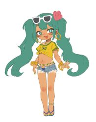  1girl :d armlet blue_panties blush brazilian_flag brazilian_miku denim denim_shorts earrings fang flat_chest flip-flops flower green_eyes green_hair hair_flower hair_ornament hatsune_miku highres jewelry looking_at_viewer navel off-shoulder_shirt off_shoulder open_clothes open_shorts panties panty_peek qtkat sandals shirt shorts skin_fang slippers smile sunglasses tan tanlines tiptoes twintails underwear vocaloid white_background yellow_shirt 