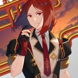  1boy baten_kaitos bishounen formal gloves head_tilt highres looking_at_viewer lyude male_focus medium_hair multicolored_clothes multicolored_gloves necktie parted_lips partially_fingerless_gloves red_eyes red_necktie redhead smile solo sorashiro_ruku upper_body 