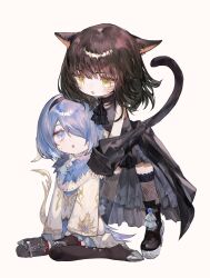  2girls absurdres animal_ears au_ra black_dress black_hair blue_eyes blue_hair cat_ears cat_girl cat_tail chibi dragon_girl dragon_horns dragon_tail dress final_fantasy final_fantasy_xiv hair_over_one_eye highres horns miqo&#039;te multiple_girls shikina_(mochigushi_) short_hair tail warrior_of_light_(ff14) white_scales white_tail yellow_eyes 