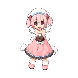  1girl :d beret candy chibi chibi_only chocolat_basinio chocolate food frilled_skirt frills full_body hat heart heart-shaped_chocolate heart-shaped_food heart-shaped_pupils heart_hair heart_necklace jewelry looking_at_viewer necklace official_art open_mouth pink_footwear pink_hair pink_skirt ragnarok_online shoes short_hair simple_background skirt smile socks solo strapless symbol-shaped_pupils transparent_background tube_top two_side_up violet_eyes white_hat white_socks white_tube_top white_wings wings yuichirou 