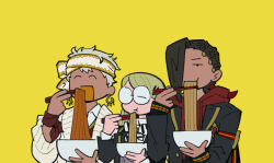  3boys black_hair blonde_hair cardigan chinese_commentary chopsticks commentary_request eating food glasses grey_hair guu_(hakahonoo) hair_over_one_eye holding holding_chopsticks jamil_viper kalim_al-asim long_hair male_focus multiple_boys night_raven_college_uniform noodles open_cardigan open_clothes school_uniform short_hair simple_background twisted_wonderland upper_body yellow_background yuu_(twisted_wonderland) 