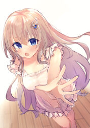  1girl 9-nine- :o @_@ alternate_costume apron bare_arms blue_eyes blush breasts ch2sh collarbone colored_eyelashes commentary_request covering_crotch covering_privates embarrassed eyes_visible_through_hair feet_out_of_frame floating_hair foreshortening frilled_apron frills gear_hair_ornament hair_between_eyes highres indoors kujou_miyako large_breasts light_brown_hair long_hair looking_at_viewer naked_apron nose_blush open_mouth outstretched_hand reaching reaching_towards_viewer sidelocks simple_background single_bare_shoulder sketch solo standing star_(symbol) star_print strap_slip sweatdrop tearing_up tears very_long_hair white_apron wing_hair_ornament wooden_floor 