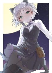  1girl animal_ears black_pantyhose breasts cat_ears expressionless flying full_moon green_eyes grey_hair highres looking_at_viewer moon necktie night pantyhose sanya_v._litvyak shima7_c short_hair skirt sky small_breasts solo star_(sky) starry_sky strike_witches striker_unit world_witches_series 