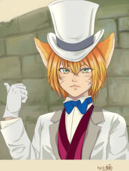  1boy animal_ears bishounen bow bowtie cat_boy cat_ears commentary_request formal gloves green_eyes hat highres humanization looking_at_viewer male_focus neko_no_ongaeshi noodle.19 orange_hair outdoors short_hair signature solo suit the_baron top_hat upper_body whiskers 