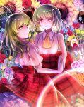  2girls adapted_costume alternate_costume ascot bangs breasts collared_shirt dual_persona eyebrows_visible_through_hair floral_background flower flower_request green_eyes green_hair hands_together kazami_yuuka kazami_yuuka_(pc-98) light_particles long_hair long_skirt long_sleeves multiple_girls petticoat pink_flower pink_rose plaid plaid_skirt puffy_short_sleeves puffy_sleeves rainbow red_eyes rose shiny shiny_hair shiny_skin shirt short_hair short_sleeves sidelocks skirt skirt_lift sleeveless sleeveless_shirt small_breasts smile sunflower too_many_flowers touhou touhou_(pc-98) watering_can wavy_hair white_shirt yellow_neckwear zukapin 