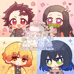  1girl 3boys agatsuma_zenitsu animal bamboo black_hair black_jacket blonde_hair blue_background blue_hair blunt_bangs blush_stickers buttons checkered_clothes checkered_jacket checkered_sash chibi chinese_commentary closed_mouth collared_jacket colored_tips commentary_request demon_slayer_uniform earrings empty_eyes flower forehead green_eyes green_jacket hair_ribbon hanafuda_earrings haori hashibira_inosuke heart high_collar holding holding_animal jacket japanese_clothes jewelry kamado_nezuko kamado_tanjirou kimetsu_no_yaiba light_frown lightning_bolt_symbol long_hair looking_at_viewer medium_hair messy_hair mirta mouth_guard multicolored_background multicolored_clothes multicolored_hair multicolored_jacket multiple_boys notice_lines obi open_mouth orange_background outline pig pink_background pink_eyes pink_flower pink_ribbon red_eyes red_sash redhead ribbon sample_watermark sash scar scar_on_face short_hair smile sparkle thick_eyebrows triangle_print two-tone_jacket upper_body v-shaped_eyebrows very_long_hair watermark weibo_watermark white_outline white_sash yellow_background yellow_eyes yellow_jacket 