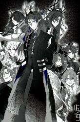  absurdres arknights chong_yue_(arknights) dragon_boy dragon_girl dragon_horns dragon_tail dusk_(arknights) family greyscale highres horns jie_(arknights) ling_(arknights) monochrome mooncake multicolored_eyes multicolored_hair multiple_boys multiple_girls multiple_horns nian_(arknights) non-web_source shu_(arknights) siblings tail wang_(arknights) zhi_(arknights) 