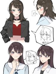  bang_dream! bang_dream!_it&#039;s_mygo!!!!! black_choker black_hair black_jacket black_shirt blue_eyes blue_neckerchief blue_shirt blush body_switch brown_hair choker closed_mouth collarbone commentary_request crop_top cropped_jacket hair_between_eyes hanasakigawa_school_uniform highres jacket long_hair looking_at_viewer medium_hair midriff mole mole_under_eye nanami_(nunnun_0410) navel neckerchief nervous_sweating open_clothes open_jacket open_mouth personality_switch red_shirt sailor_collar school_uniform serafuku shiina_taki shirt simple_background sweat translated upper_body violet_eyes white_background white_sailor_collar yahata_umiri 