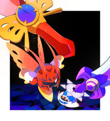  armor battle butterfly_wings gloves highres huge_weapon insect_wings kanianoreki kirby:_star_allies kirby_(series) looking_at_another magolor morpho_knight no_humans pauldrons shoulder_armor ultra_sword weapon white_eyes wings yellow_eyes yellow_footwear yellow_gloves 