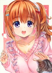  1girl :d animal_ear_fluff blush border bow breasts cafe_stella_to_shinigami_no_chou cat collarbone commentary eyelashes eyes_visible_through_hair fingernails hair_between_eyes hair_bow hair_intakes hair_ornament hair_scrunchie hairclip hands_up happy heart highres imminent_headpat large_breasts long_hair looking_at_animal marker_(medium) open_mouth orange_hair outside_border pink_background pink_sweater red_bow round_teeth scrunchie side_ponytail sidelocks simple_background sleeves_past_wrists smile solo sumizome_nozomi sweater takt_shindo teeth thick_eyebrows traditional_media tsurime upper_body upper_teeth_only violet_eyes white_border white_scrunchie x_hair_ornament 