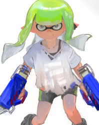  1girl bike_shorts black_shorts closed_mouth floating_hair ga4me4 glooga_dualies_(splatoon) green_hair highres holding inkling inkling_girl inkling_player_character long_hair pointy_ears shirt short_sleeves shorts simple_background solo splatoon_(series) tentacle_hair torn_clothes torn_shirt white_background white_eyes white_shirt 