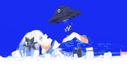  1girl abduction absurdres animal arm_at_side armband black_armband blending blue_background blue_theme building cevio closed_eyes commentary_request cow film_grain from_side giant giantess hair_ornament hand_on_own_chest highres irple isei_ni_ikou_ne_(cevio) jacket kamitsubaki_studio long_hair lying on_back open_mouth outdoors power_lines profile road_sign ruins sekai_(cevio) sidelocks sign signature solo traffic_light ufo utility_pole white_hair wide_sleeves 