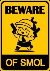  1girl :d absurdres chibi commentary deerstalker dual_wielding english_text gun handgun hat high_contrast highres holding holding_gun holding_weapon hololive hololive_english limited_palette necktie phdpigeon road_sign running shirt sign skirt smile smol_ame solo symbol-only_commentary watson_amelia weapon yellow_background 