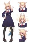  +_+ 1girl :d alternate_costume animal_ear_fluff animal_ears black_legwear blonde_hair blush braid brooch commentary_request cropped_torso fox_ears fox_girl fox_tail full_body hand_on_hip highres hololive jewelry long_hair long_sleeves looking_away mikan_(chipstar182) multiple_views neck_ribbon omaru_polka open_mouth pantyhose red_ribbon ribbon simple_background single_braid smile solo sparkle standing tail triangle_mouth v v-shaped_eyebrows violet_eyes white_background 