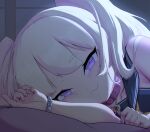  1girl :3 absurdres azur_lane bache_(azur_lane) bangs bed_sheet blurry bracelet collar collarbone commentary_request depth_of_field eyebrows_visible_through_hair eyes_visible_through_hair fenrir_(1121468952) from_side half-closed_eyes highres jewelry light_brown_hair long_hair looking_at_viewer looking_to_the_side lying on_bed on_side pinky_out sailor_collar sidelocks smile solo thick_eyebrows twintails violet_eyes window 