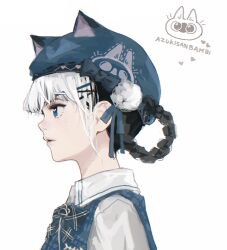  1girl animal_ear_headwear animal_ears azukisan bambinata_(punishing:_gray_raven) black_hair blue_bow blue_eyes blue_hat bow braid braided_hair_rings cat_ears character_name collared_shirt d.k hair_ornament hair_rings hairclip hat hat_bow heart heart-shaped_pupils multicolored_hair official_alternate_costume parted_lips punishing:_gray_raven shirt siam_neko_azukisan symbol-shaped_pupils two-tone_hair white_background white_hair white_pom_poms white_shirt 