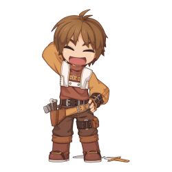  1boy :d arm_behind_head belt boots broken broken_sword broken_weapon brown_belt brown_footwear brown_gloves brown_hair brown_jacket brown_pants chibi chibi_only closed_eyes cropped_jacket dark_skin fingerless_gloves full_body gloves hammer hollgrehenn jacket long_sleeves male_focus official_art open_clothes open_jacket open_mouth pants ragnarok_online short_hair simple_background smile solo standing sword tools transparent_background weapon yuichirou 