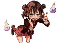  1girl black_hair brown_footwear buttons double_bun double_v gakuran genderswap genderswap_(mtf) ghost hair_between_eyes hair_bun hanako_(jibaku_shounen_hanako-kun) hanoyuta highres hitodama jibaku_shounen_hanako-kun looking_at_viewer open_mouth pleated_skirt red_skirt school_uniform short_hair simple_background skirt smile solo tongue tongue_out v white_background yellow_eyes 