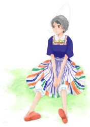  1girl black_hair bloomers blue_shirt full_body grass hat long_skirt nonomura_saku original red_eyes sandals see-through see-through_hat shirt short_hair sitting skirt solo striped_clothes striped_skirt white_bloomers 