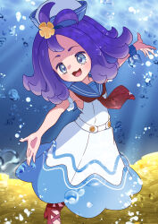  1girl :3 absurdres acerola_(pokemon) acerola_(summer_2024)_(pokemon) air_bubble armband blue_sailor_collar bubble coin commentary_request dress flipped_hair flower full_body glint gold_coin hair_flower hair_ornament hat highres light_blush neckerchief official_alternate_costume open_mouth outstretched_arms pile_of_money pokemon pokemon_masters_ex purple_hair red_neckerchief refisa ribbon sailor sailor_collar sailor_hat short_hair sleeveless sleeveless_dress smile spread_arms treasure underwater violet_eyes white_armband white_dress wrist_ribbon yellow_flower 