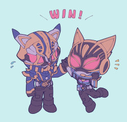  1boy 1girl animal_ears armor beat_buckle black_bodysuit black_gloves blue_armor blue_sleeves bodysuit breasts cat_ears chibi clenched_hand clenched_hands desire_driver driver_(kamen_rider) fangs fantasy_buckle father_and_daughter fingernails gloves glowing glowing_eyes gold_trim highres holding horns id_core kamen_rider kamen_rider_geats_(series) kamen_rider_gyago kamen_rider_na-go looking_at_viewer medium_breasts mori_(enignuma797) raise_buckle red_eyes rider_belt tokusatsu 