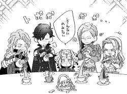  2girls 3boys armor basket cape chibi chibi_only closed_eyes closed_mouth collared_cape commentary_request constance_von_nuvelle cup dress edelgard_von_hresvelg fake_horns ferdinand_von_aegir fire_emblem fire_emblem:_three_houses friends hands_up headband headpiece highres holding holding_teapot horns hubert_von_vestra illust_mi light_smile long_bangs long_hair long_sleeves looking_at_viewer lorenz_hellman_gloucester monochrome multiple_boys multiple_girls open_mouth parted_bangs pouring shoulder_armor simple_background sitting smile speech_bubble spoken_sparkle standing steam table teacup teapot teeth translation_request wavy_hair white_background 