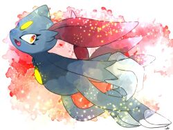  claws eyelashes fang feathers forehead_jewel grey_fur loki_(regulus_1111) looking_at_viewer open_mouth pokemon pokemon_(creature) red_background red_feathers sneasel white_background yellow_gemstone 