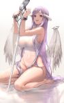  1girl :d absurdres angel_wings bare_arms bare_legs bare_shoulders barefoot blush breasts chain competition_swimsuit covered_navel cuffs feathered_wings handcuffs highleg highleg_swimsuit highres huge_filesize large_breasts long_hair one-piece_swimsuit open_mouth pigone purple_hair quinella reflection shallow_water simple_background sitting smile solo straight_hair swimsuit sword sword_art_online sword_art_online:_alicization very_long_hair violet_eyes water weapon white_background white_swimsuit white_wings wings 