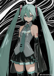  1girl black_skirt detached_sleeves green_eyes green_hair green_necktie green_skirt hatsune_miku highres long_hair microphone necktie pleated_skirt skirt thigh-highs twintails two-tone_skirt vocaloid zhibuji_loom 