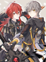  2boys black_coat black_gloves black_hood black_jacket caelus_(honkai:_star_rail) claymore_(sword) closed_mouth coat company_connection diluc_(genshin_impact) fingerless_gloves genshin_impact gloves grey_hair hair_between_eyes highres holding holding_sword holding_weapon honkai:_star_rail honkai_(series) jacket jewelry long_hair long_sleeves male_focus mihoyo mizuamememe multiple_boys ponytail red_eyes redhead short_hair sword trailblazer_(honkai:_star_rail) weapon yellow_eyes 