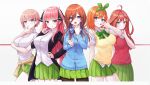  1girl 5girls :p absurdres ahoge black_ribbon blue_cardigan blue_eyes breasts cardigan eyebrows_visible_through_hair go-toubun_no_hanayome gradient gradient_background green_skirt grey_background hair_ornament hair_ribbon headphones highres kano_(wi3028) large_breasts long_hair looking_at_viewer multiple_girls nakano_azusa nakano_itsuki nakano_miku nakano_nino nakano_yotsuba orange_hair pleated_skirt quintuplets red_sweater redhead ribbon school_uniform shirt short_hair short_sleeves siblings sisters skirt solo star_(symbol) star_hair_ornament sweater sweater_vest teeth thighs tongue tongue_out white_shirt 