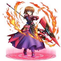  1girl black_gloves blue_eyes brown_hair claw_(weapon) dress fingerless_gloves fire full_body gloves holding holding_polearm holding_weapon luciferion lyrical_nanoha magic_circle magical_girl mahou_shoujo_lyrical_nanoha_detonation official_art overlord_(maruyama) polearm purple_dress pyrokinesis short_hair solo stern_the_destructor transparent_background weapon 