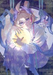  1girl ahoge aloupeep_(enna_alouette) animal_ears aqua_nails blonde_hair bow-shaped_hair chinese_clothes chinese_commentary dana_(try_286s84) dated enna_alouette fake_animal_ears full_moon hair_up hanfu head_tilt head_wings highres holding_moon looking_at_viewer mid-autumn_festival moon nijisanji nijisanji_en rabbit_ears see-through see-through_sleeves signature smile sparkle tassel violet_eyes virtual_youtuber wings 