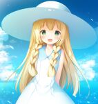  1girl :d arms_behind_back bangs blonde_hair blush braid clouds collared_dress commentary_request day dress eyebrows_visible_through_hair green_eyes hat lillie_(pokemon) long_hair looking_at_viewer murano open_mouth outdoors pokemon pokemon_(game) pokemon_sm sky sleeveless sleeveless_dress smile solo sun_hat twin_braids white_dress white_headwear 