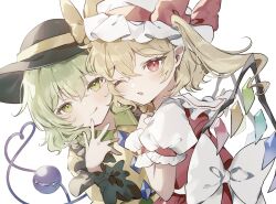  2girls :q ;o back_bow black_hat blonde_hair blush bow buttons commentary_request diamond_button flandre_scarlet green_eyes green_hair hat hat_bow hat_ribbon heart heart_of_string highres komeiji_koishi long_sleeves looking_at_viewer medium_hair mob_cap multiple_girls one_eye_closed one_side_up pointy_ears puffy_short_sleeves puffy_sleeves red_bow red_eyes red_ribbon red_skirt red_vest ribbon shirt short_hair short_sleeves skirt sorani_(kaeru0768) third_eye tongue tongue_out touhou upper_body vest white_background white_bow white_hair white_shirt wings wrist_cuffs yellow_bow yellow_ribbon yellow_shirt 