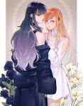  2girls bangs black_flower black_hair black_rose blunt_bangs dress final_fantasy final_fantasy_xiv flower gaia_(ff14) grey_hair hair_ribbon hands_on_another&#039;s_chest highres koukou_jirou lily_(flower) lipgloss lipstick long_hair looking_at_viewer looking_back makeup multiple_girls orange_hair ribbon rose ryne signature straight_hair thigh-highs wavy_hair white_dress wide_sleeves yuri 